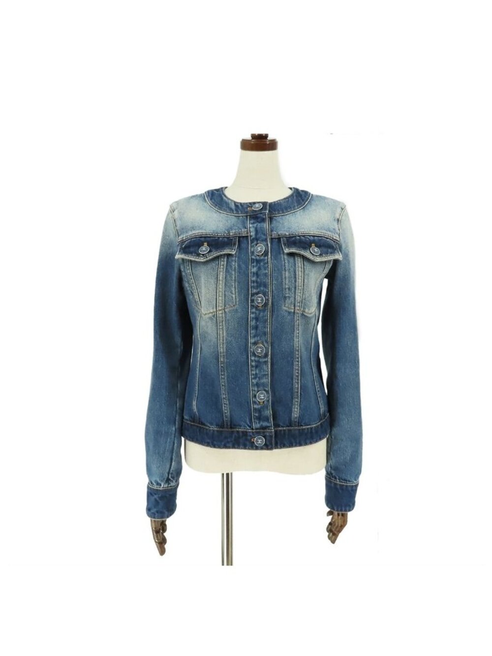 Chanel Collarless Jacket Blue Cotton Coco Button Denim 34